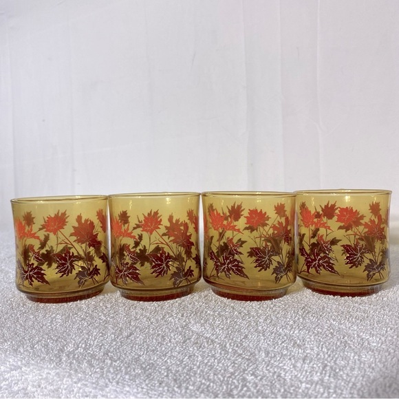Vintage Libby Amber Glass Autumn Leaf Pattern Juice Glasses x4 - Picture 3 of 11